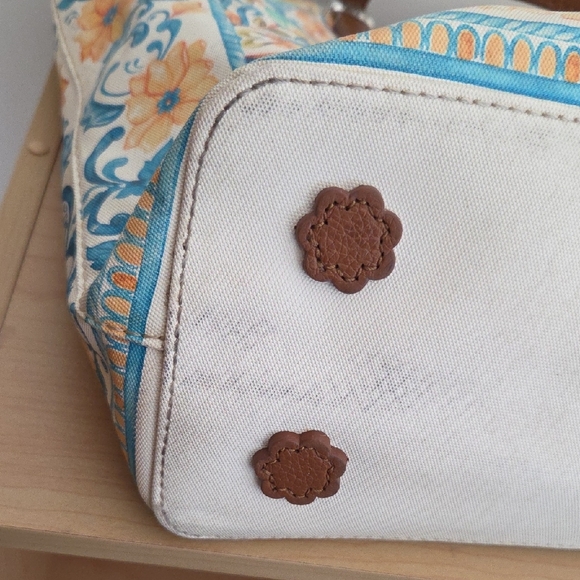 Brighton Floral Blue, Brown & Cream Tote w/leather straps & Zip Closure - Picture 12 of 16